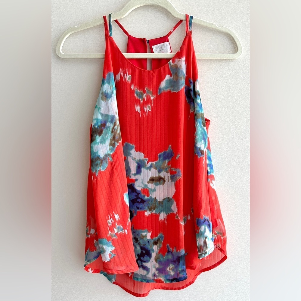 Sienna Sky Tropical Pleated High Neck Tank Top, Orange/Blue Floral, XS